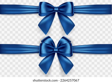 Conjunto de arcos azules decorativos satinados con cinta horizontal aislada sobre fondo blanco. Arco azul vectorial y cinta