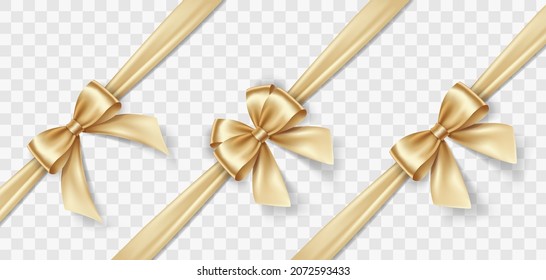 Set of satin decorative golden bows with horizontal yellow ribbon isolated on white background. Vector gold bow and gold ribbon