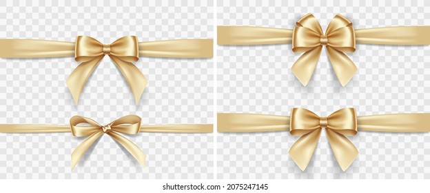 Set of satin decorative golden bows with horizontal yellow ribbon isolated on white background. Vector gold bow and gold ribbon