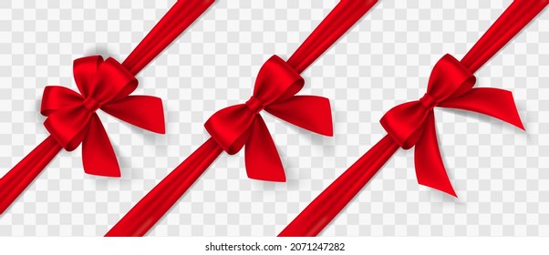 Set of satin decorative red bows with horizontal yellow ribbon isolated on white background. Vector red bow and red ribbon