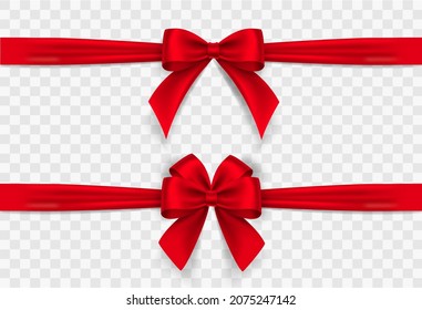 Set of satin decorative red bows with horizontal yellow ribbon isolated on white background. Vector red bow and red ribbon