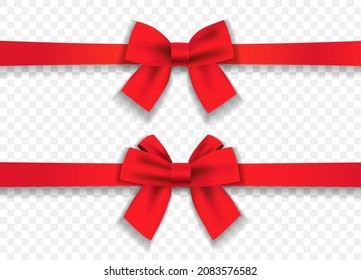 Set of satin decorative red bows with horizontal ribbon isolated on transparent background. Vector red silk bow and red ribbon for valentines or mathers day