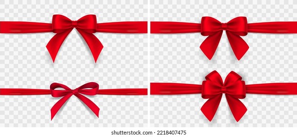 Set of satin decorative red bows with horizontal yellow ribbon isolated on white background. Vector red bow and red ribbon