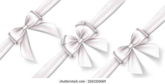 Set of satin decorative white bows with horizontal ribbon isolated on white background. Vector white bow and ribbon