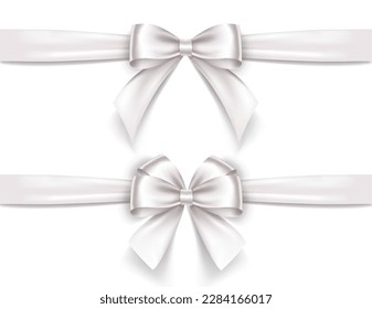 Set of satin decorative white bows with horizontal ribbon isolated on white background. Vector white bow and ribbon