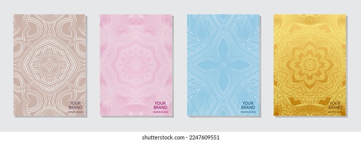 Conjunto de portadas étnicas satinadas, plantillas verticales en estilo hecho a mano. Resumen de fondo geométrico de relieve con patrón 3D, textura tribal dorada. Boho, doodle y zentagle, periódico. 