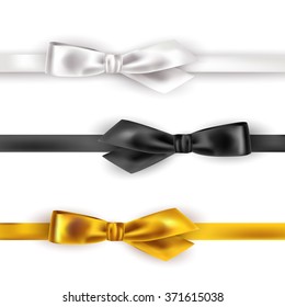 Set Of Satin Ribbon On White Background. Black, White And Gold Color. Vector