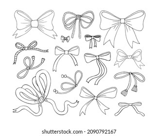 Set of satin ribbon and rope bows line art. Decoration of festive gift wrapping, hairstyles, clothes. Hand drawn vector illustration. Textile cute bow. Isolated simple elements.