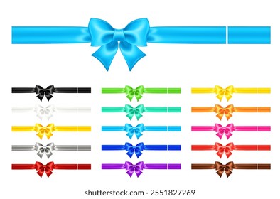 Set of satin ribbons and bows in vibrant colors on a white background. Perfect for gift wrapping, festive decor, holiday cards, and creative projects. Vector illustration in a realistic style