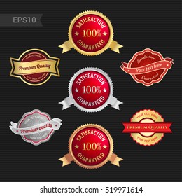 Set of satisfaction guarantee and premium quality emblem or badge with award ribbon in red color tone