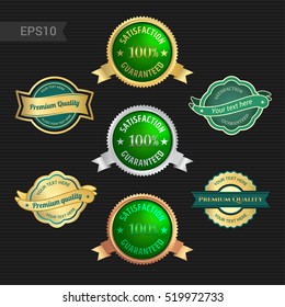 Set of satisfaction guarantee and premium quality emblem or badge with award ribbon in green color tone