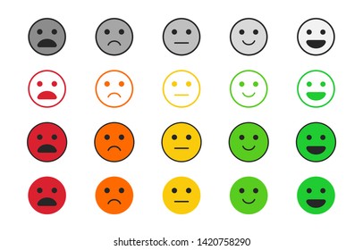 Set of satisfaction levels. Emotion rating. User experience feedback. Different mood smile emoticons - excellent, good, normal, bad, awful. Concept from positive to negative.