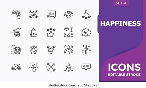 Set of Satisfaction line icons. Includes icons for emotion, loyalty, survey, happy, experience, review, feedback, emotion, experience and more. Thin linear style icons. Vector icons editable stroke.