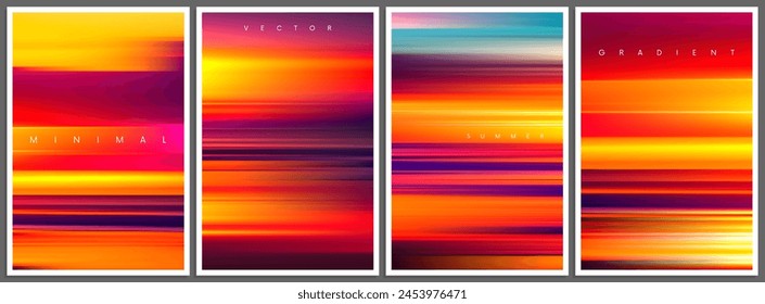 Set of saturated hot summer gradient posters in minimal style. Beautiful ocean beach horizon with sunrise or sunset. Trendy design with blurred background for banner, flyer, cover or invitation