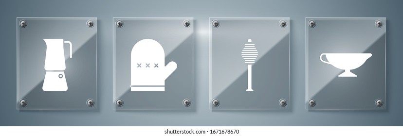 Set Sauce boat, Honey dipper stick, Oven glove and Moka pot. Square glass panels. Vector