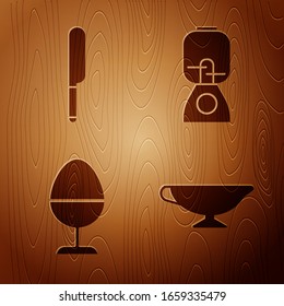 Set Sauce boat, Knife, Chicken egg on a stand and Blender on wooden background. Vector