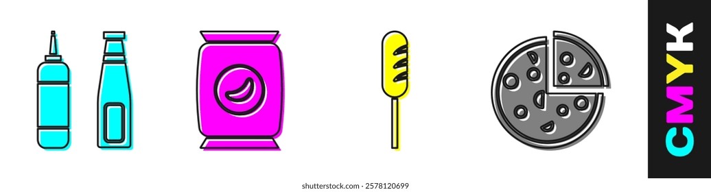 Set Sauce bottle, Bag or packet potato chips, Fried sausage and Pizza icon. Vector