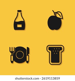 Set Sauce bottle, Bread toast, Plate, fork and knife and Plum fruit icon with long shadow. Vector