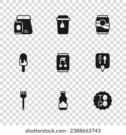 Set Sauce bottle, Cafe and restaurant location, Coffee cup to go, Soda can, Online ordering food, Cup tea and Ice cream icon. Vector