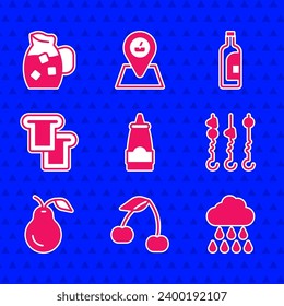 Set Sauce bottle, Cherry, Cloud with rain, Grilled shish kebab on skewer, Pear, Bread toast, Bottle of wine and Jug glass water icon. Vector
