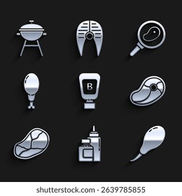 Set Sauce bottle, Chicken leg, Steak meat, in frying pan and Barbecue grill icon. Vector