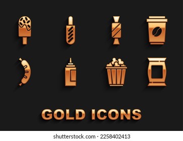 Set Sauce bottle, Coffee cup to go, Bag or packet potato chips, Popcorn in box, Hotdog, Candy, Ice cream and sandwich icon. Vector