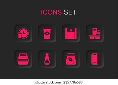 Ponga botellas de Sauce, taza de café para ir, entrega en horario, pedido de pescado en línea, Comida en el móvil, comida y el icono de la caja de almuerzo. Vector