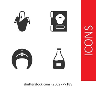 Set Sauce bottle, Corn, Fish steak and Cookbook icon. Vector