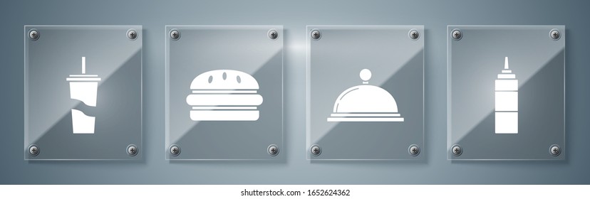Set Sauce bottle, Covered with a tray of food, Burger and Paper glass with drinking straw and water. Square glass panels. Vector