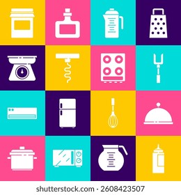 Set Sauce bottle, Covered with tray, Barbecue fork, Teapot, Wine corkscrew, Scales, Jam jar and Gas stove icon. Vector