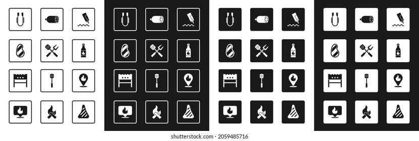 Set Sauce bottle, Crossed fork and spatula, Steak meat, Meat tongs, Tabasco sauce, Salami sausage, Location with fire flame and BBQ brazier icon. Vector