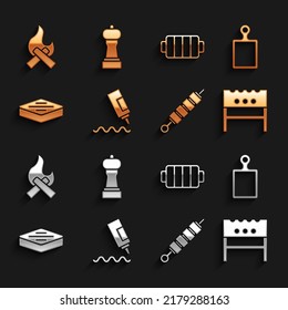 Set Sauce Flasche, Schneidebrett, BBQ Brazier, Grillshish Shish Kebab, Steak Fleisch, Grill Grill, Campfire und Pfeffer Ikone. Vektorgrafik