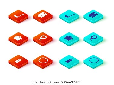 Set Sauce bottle, Cutting board, Cooking pot, Chef hat with location, and meat chopper and Kitchen ladle icon. Vector
