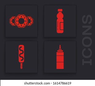 Set Sauce bottle, Donut with sweet glaze, Bottle of water and Ice cream icon. Vector