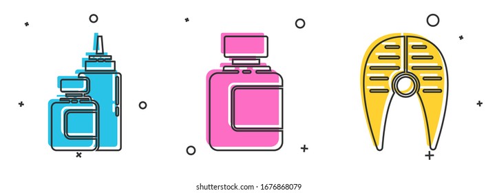 Set Sauce bottle, Sauce bottle and Fish steak icon. Vector