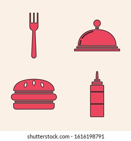 Set Sauce bottle, Fork, Covered with a tray of food and Burger icon. Vector