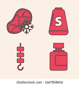 Set Sauce bottle, Fresh frozen steak meat, Salt and Grilled shish kebab on skewer stick icon. Vector