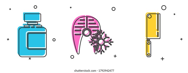 Set Sauce bottle, Fresh frozen fish steak and Meat chopper icon. Vector