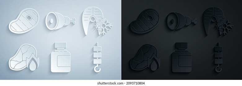 Set Sauce bottle, Fresh frozen fish steak, Grilled meat and fire flame, shish kebab on skewer stick, Chicken leg and Steak icon. Vector