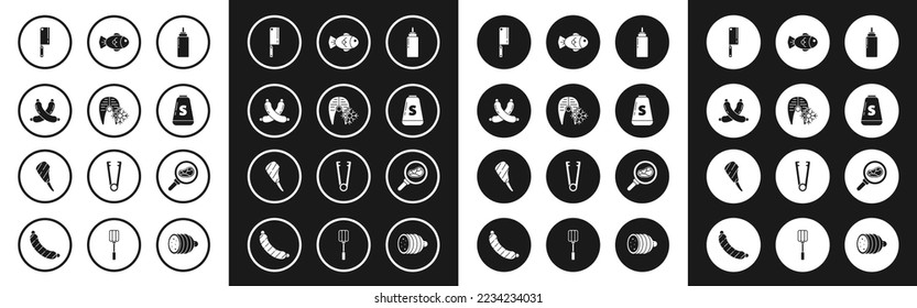 Set Sauce bottle, Fresh frozen fish steak, Crossed sausage, Meat chopper, Salt, Fish, Steak meat in frying pan and Rib eye icon. Vector