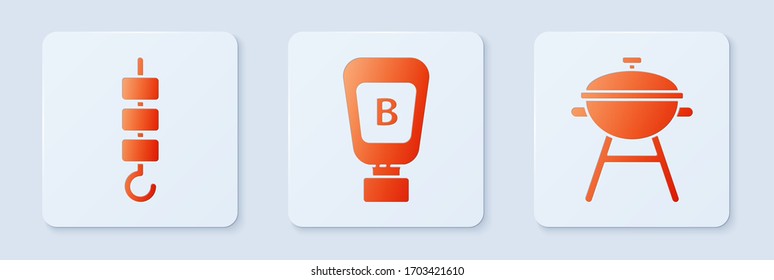 Set Sauce bottle, Grilled shish kebab on skewer stick and Barbecue grill. White square button. Vector