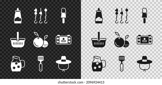 Set Sauce Bottle, Grilled Shish Kebab On Skewer, Ice Cream, Jug Glass With Water, Spatula, Camping Hat, Picnic Basket And Fruit Icon. Vector