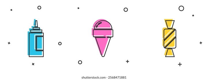 Set Sauce bottle, Ice cream in waffle cone and Candy icon. Vector