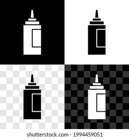 Set Sauce bottle icon isolated on black and white, transparent background. Ketchup, mustard and mayonnaise bottles with sauce for fast food.  Vector
