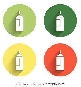 Set Sauce bottle icon isolated with long shadow background. Ketchup, mustard and mayonnaise bottles with sauce for fast food. Color circle button. Vector