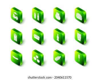 Set Sauce bottle, Khinkali on cutting board, Burger, Coffee cup to go, Fried sausage, Bottle water, French hot dog and Apple icon. Vector