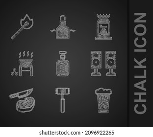 Set Sauce bottle, Kitchen hammer, Glass of beer, Stereo speaker, Steak meat and knife, Barbecue grill, coal bag and Burning match with fire icon. Vector