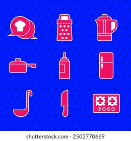 Set Sauce bottle, Knife, Gas stove, Refrigerator, Kitchen ladle, Frying pan, Teapot and Chef hat speech bubble icon. Vector
