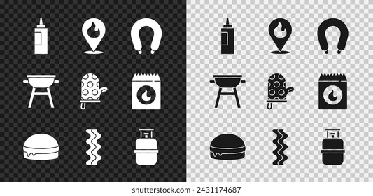 Set Sauce bottle, Location with fire flame, Sausage, Burger, Bacon stripe, Propane gas tank, Barbecue grill and Oven glove icon. Vector