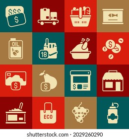 Set Sauce bottle, Market store, Coin money with dollar, Shopping basket and food, Cigarettes pack box, Bottle of olive oil, New price tag and Roasted turkey chicken icon. Vector